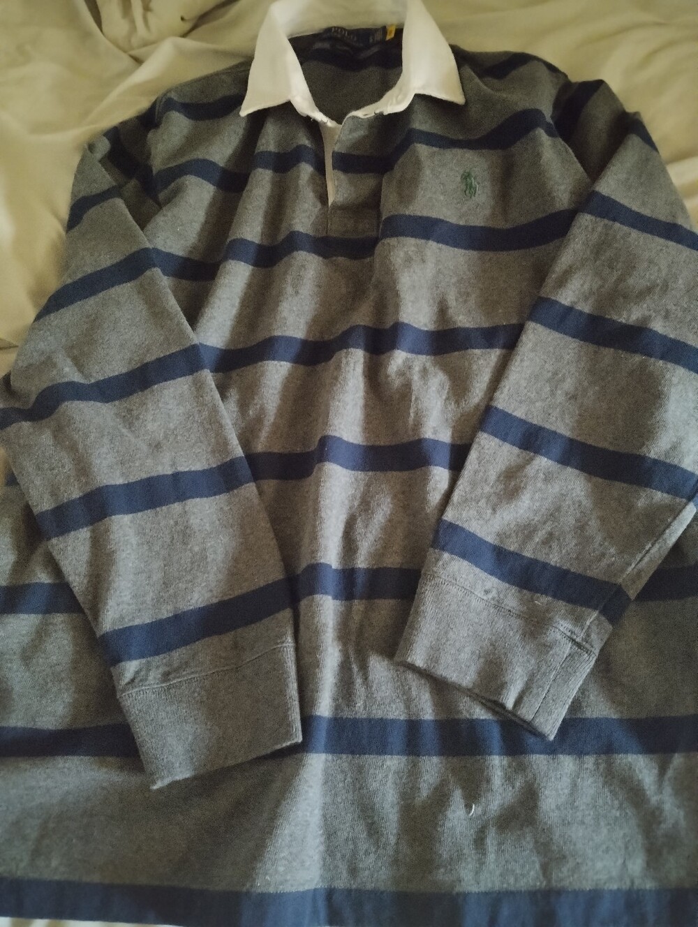 Ralph Lauren Grey Rugby Polo with Navy Stripes and White Collar